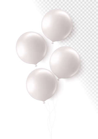 Realistic white 3d balloons isolated on transparent background. Air balloons for Birthday parties, celebrate anniversary, weddings festive season decorations. Helium vector round balloon.のイラスト素材