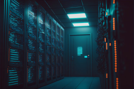 Server rack room with big data cyber network. Green light corridor interior modern communication hosting storage hardware system. Generative aiの素材