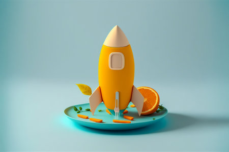 Art concept of yellow rocket on blue plate isolated on gradient background. Generative aiの素材