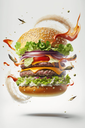 Tasty cheeseburger levitates on isolated on white background.の素材