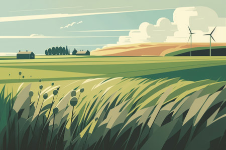 Cartoon style summer field landscape with green grass hills on the horizon. Generative AIの素材