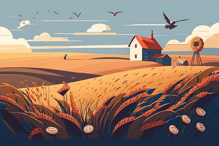Summer landscape with harvest hills in cartoon style. Outdoor meadow with cloudscape, perfect for design projects. Generative AIの素材