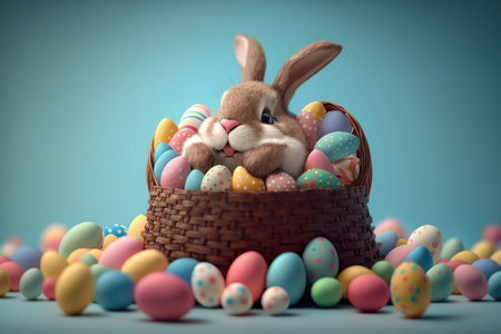Happy Bunny with many Easter eggs on grass. Festive background for decorative design. Generative AIの素材