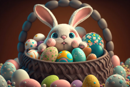Happy Bunny with many Easter eggs on grass. Festive background for decorative design Generative AIの素材