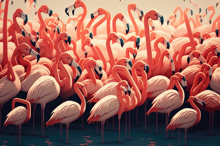 Closeup tropical pink flamingo flock in the wild. Group of exotic flamingo birds in side view Generative AIの素材