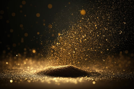Golden sparkle lights isolated on black background. Gold glitter dust defocused texture. Abstract sparkle particle bokeh. Generative AIの素材