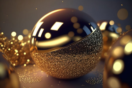 Golden glitter balls on bokeh background. Gold glitter dust defocused texture. Abstract sparkle particle bokeh Generative aiの素材