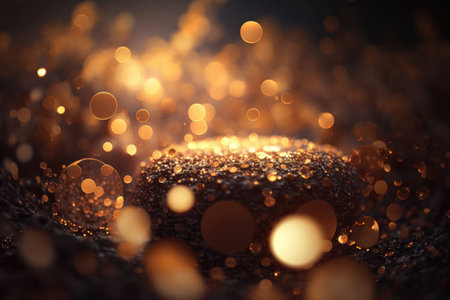 Abstract gold bokeh background. Golden glitter lights on isolated on dark background. Sparkle particle bokeh Generative aiの素材