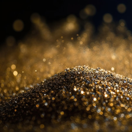 Golden glitter vintage lights on isolated on dark background. Gold glitter dust defocused texture. Abstract sparkle particle bokeh. Generative aiの素材