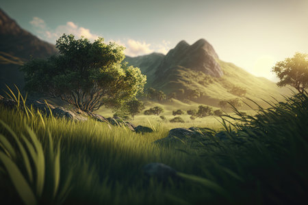 Beautiful mountain field sunrise or sunset springtime blue sky with clouds, tree and grass horizon landscape sunshine moodの素材