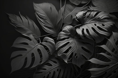 Tropical monstera leaves background, black and white tone. Monochrome monstera tree foliage decoration design. Plant with exotic leaf closeup Generative aiの素材