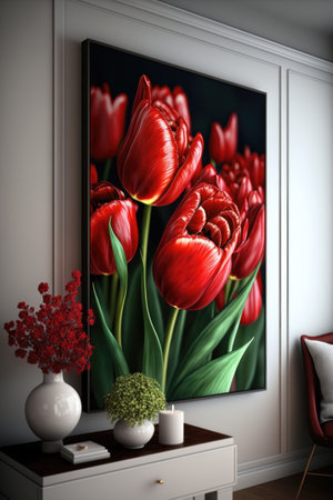 Bouquet of red tulips. Fresh spring tulip flowers blossoms on vertical floral poster. Colorful springtime flowers with green leaf in the interior Generative aiの素材