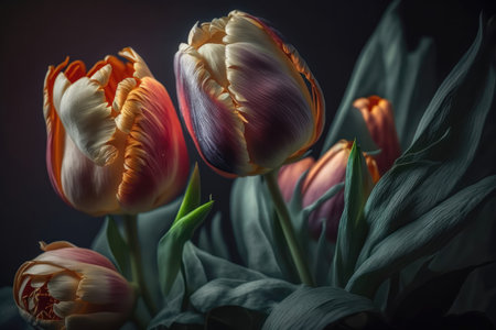 Red tulips bouquet in vibrant tints isolated on blurry background. Fresh spring tulip flowers blossoms on horizontal floral poster. Colorful springtime flowers with green leaf. Generative AIの素材