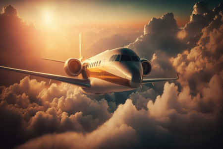 Airplane flying above clouds at sunset. Generative aiの素材