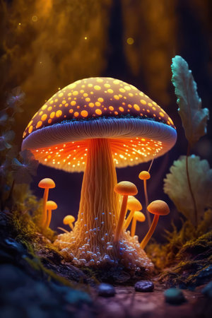 Mushroom in the forest. Mushroom in the forest at night. Generative AIの素材