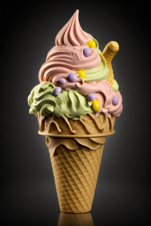 ice cream in waffle cone on a black background, close upの素材