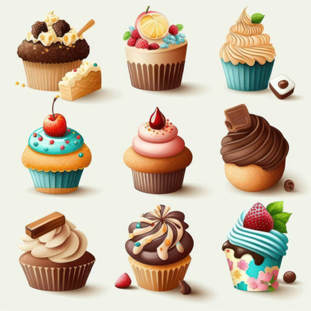 Cupcakes with cream, chocolate, strawberry, orange, cherry, chocolate, ice cream, donut, muffin.の素材