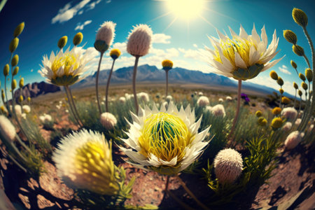 Flowers in the desert against the background of mountains and blue sky.の素材