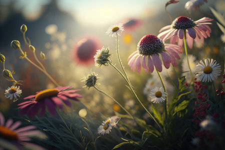 Beautiful wild flowers in the meadow at sunset. Vintage style.の素材