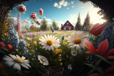 Beautiful summer landscape with flowers and a red house.の素材