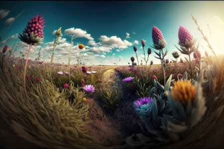 Flower meadow in a fantasy landscape.の素材