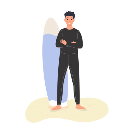 Young man standing on the beach with surfboard. Vector illustration.のイラスト素材