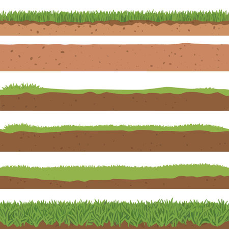 Set of various seamless ground cross sections showing layers of soil, grass, and underground textures, perfect for environmental and landscaping designs.のイラスト素材