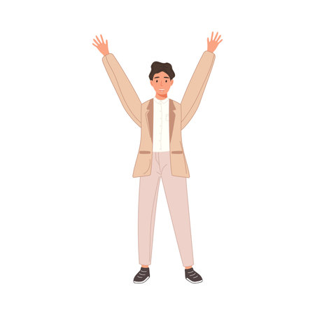 A man with his hands up in the air, celebrating a successful business achievement with his team.のイラスト素材