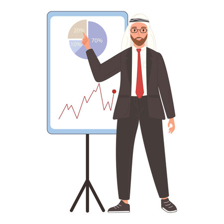 An Arab businessman in a business suit standing in front of a whiteboard, presenting information.のイラスト素材