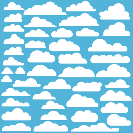 Collection of simple white clouds shape on blue background. Abstract isolated white cloud set, providing a clean and modern design for wallpapers, textiles, and digital applications. Vector illustrationのイラスト素材