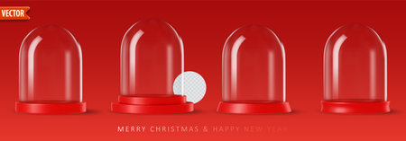Empty 3d glass snow globes collection isolated on red background with space for product designs. Christmas decorative podium with transparent snowglobe. Vector illustration realistic snow cylinderのイラスト素材