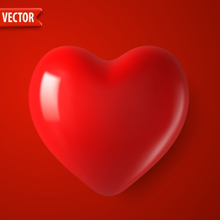 Glossy red 3D heart isolated on solid red background with smooth shading and modern design. Valentines Day realistic heart shape concept, love projects, and romantic designs. Vector illustrationのイラスト素材