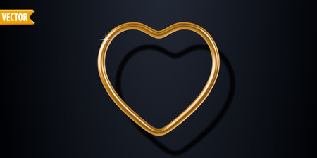 Golden heart shaped outline with highlights and shadows, isolated on dark background. Elegant and minimalist design for romantic, Valentines Day, wedding or luxury greeting card design. Vectorのイラスト素材