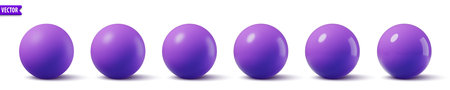 Glossy purple spheres. 3D model bubble collection realistic violet balls with smooth surface and shadows. Ideal for background mockup object modern design. Vector illustration shiny plastic globe setのイラスト素材
