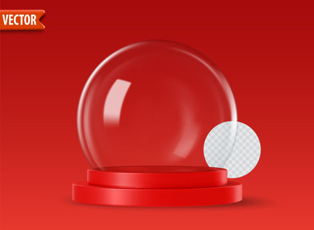 Empty 3d glass snow globes isolated on red background with space for custom designs. Christmas decorative podium with transparent glass dome for products studio. Vector illustration render snow ball.のイラスト素材