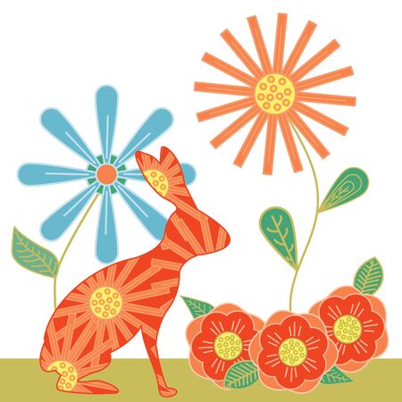 Vector Rabbits Flowers in Red, Blue, Green, Orange, Yellow Illustration Placement Printのイラスト素材
