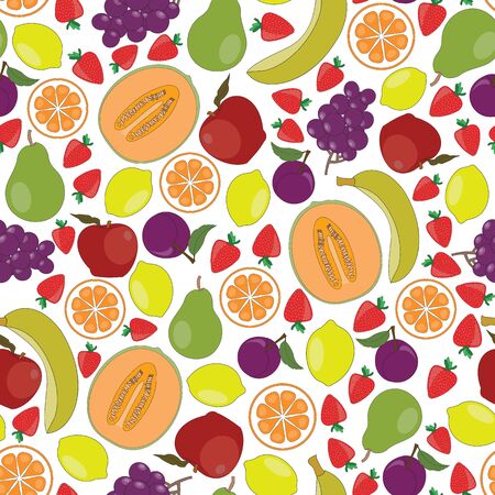 Vector Fruit Apples Oranges Grapes Strawberries Pears Bananas Cantaloupe Lemons Plums on White Seamless Repeat Patternのイラスト素材