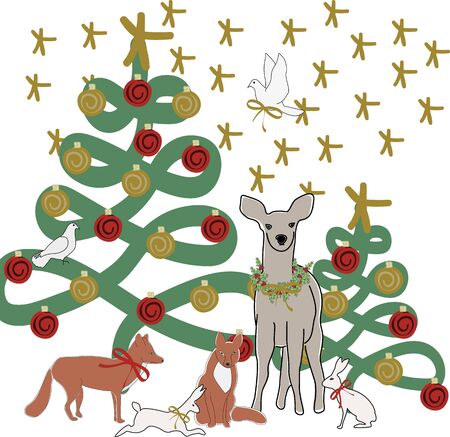 Vector Christmas Tree with Deer Fox Rabbits Doves and Stars Illustrationのイラスト素材