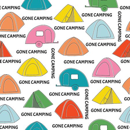 Vector Camping Tents and Trailors in Yellow Pink Green Red Blue Seamless Repeat Patternのイラスト素材