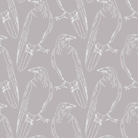 Vector Crows Ravens Birds on Gray Grey Background Seamless Repeat Patternのイラスト素材