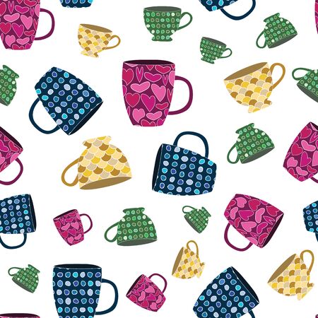 Vector Blue Green Pink Yellow Cups Mugs on White Seamless Repeat Patternのイラスト素材