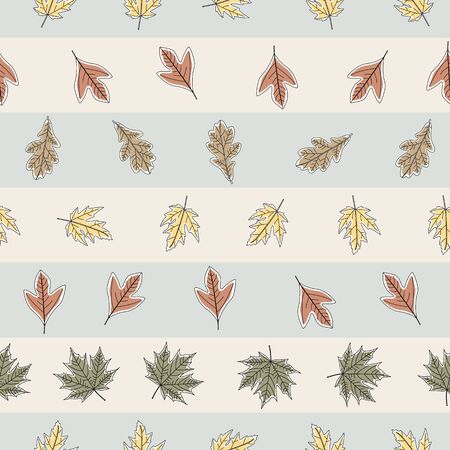 Vector Fall Autumn Leaves in Orange Gold Green Brown on Stripes Seamless Repeat Patternのイラスト素材