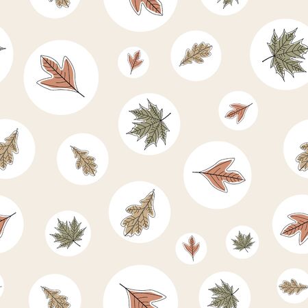 Vector Fall Autumn Leaves in Orange Gold Green Brown in White Circles Seamless Repeat Patternのイラスト素材