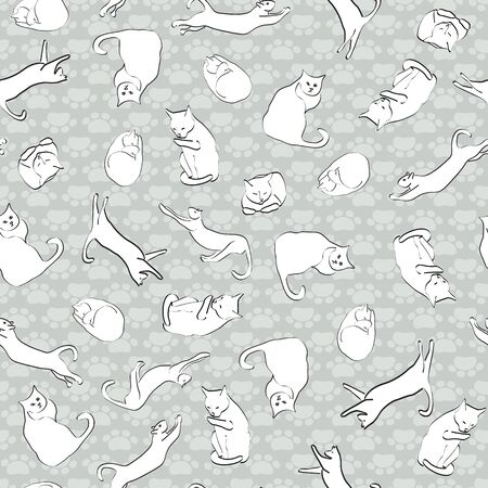 Vector Black and White Cats on Gray Background Seamless Repeat Patternのイラスト素材