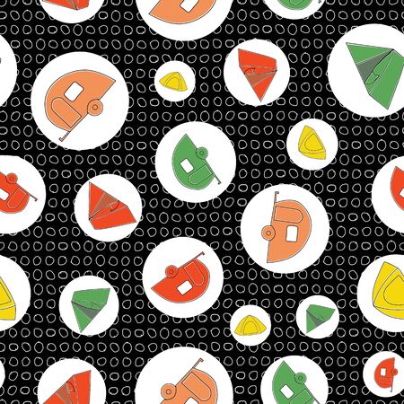 Vector Camping Trailors and Tents in Orange Green Red and Yellow in White Circles on Black Background Seamless Repeat Pattern. Background for textiles, cards, manufacturing, wallpapers, print, gift wrap and scrapbooking.のイラスト素材
