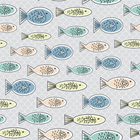 Vector Blue Orange Yellow and Green Fish on Gray Background Seamless Repeat Pattern. Background for textiles, cards, manufacturing, wallpapers, print, gift wrap and scrapbooking.のイラスト素材