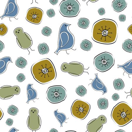 Vector Blue Green Yellow Birds and Flowers on White Background Seamless Repeat Pattern. Background for textile, book covers, manufacturing, wallpapers, print, gift wrap and scrapbooking.のイラスト素材