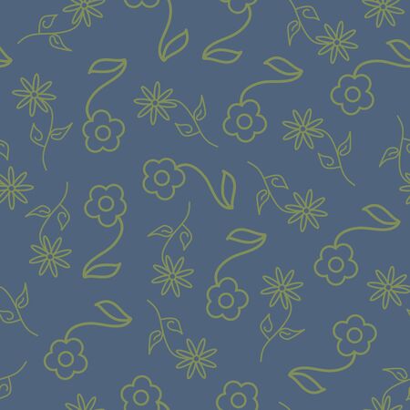 Vector Green Line Art Flowers Floral on Blue Background Seamless Repeat Pattern. Background for textiles, cards, manufacturing, wallpapers, print, gift wrap and scrapbooking.のイラスト素材