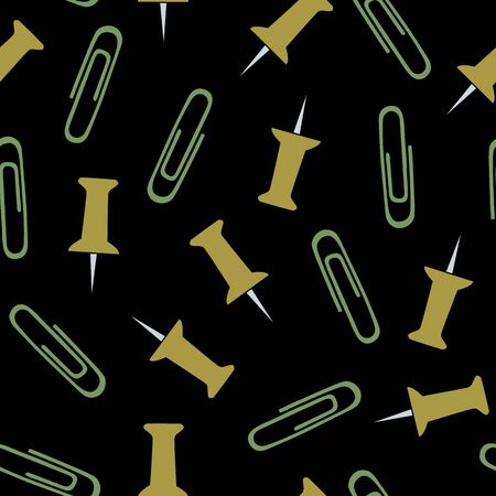 Vector Green and Yellow Tacks and Paper Clips on Black Background Seamless Repeat Pattern. Background for textiles, cards, manufacturing, wallpapers, print, gift wrap and scrapbooking.のイラスト素材