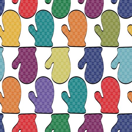 Vector Green Orange Blue Red Purple Mittens on White Background Seamless Repeat Pattern. Background for textiles, cards, manufacturing, wallpapers, print, gift wrap and scrapbooking.のイラスト素材
